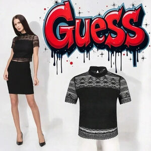 Guess Women's Black Lace Cropped Blouse High Neck Size Medium